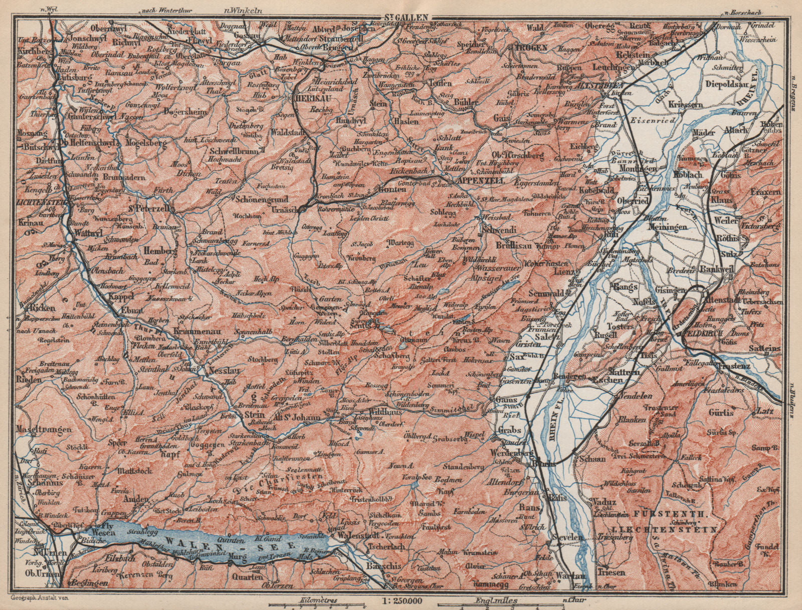 APPENZELL CANTON. Wildhaus Unterwasser St. Gallen Trogen Walensee 1889 old map